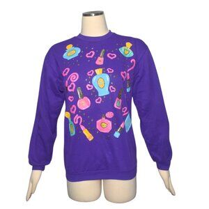 Vintage 90s Print Sweatshirt Glitter Heart Makeup Perfume Cute Lolita Girly S